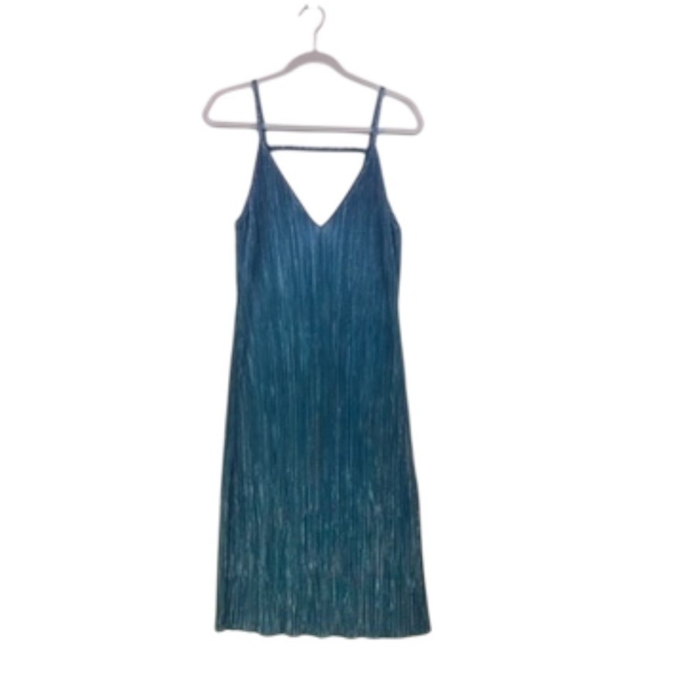 Boohoo Night Metallic Pleated Strappy Midi Dress Teal Blue Size 8 - Picture 9 of 16